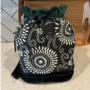 LUCKY BRAND Boho Canvas black white green suede Drawstring Backpack office bag